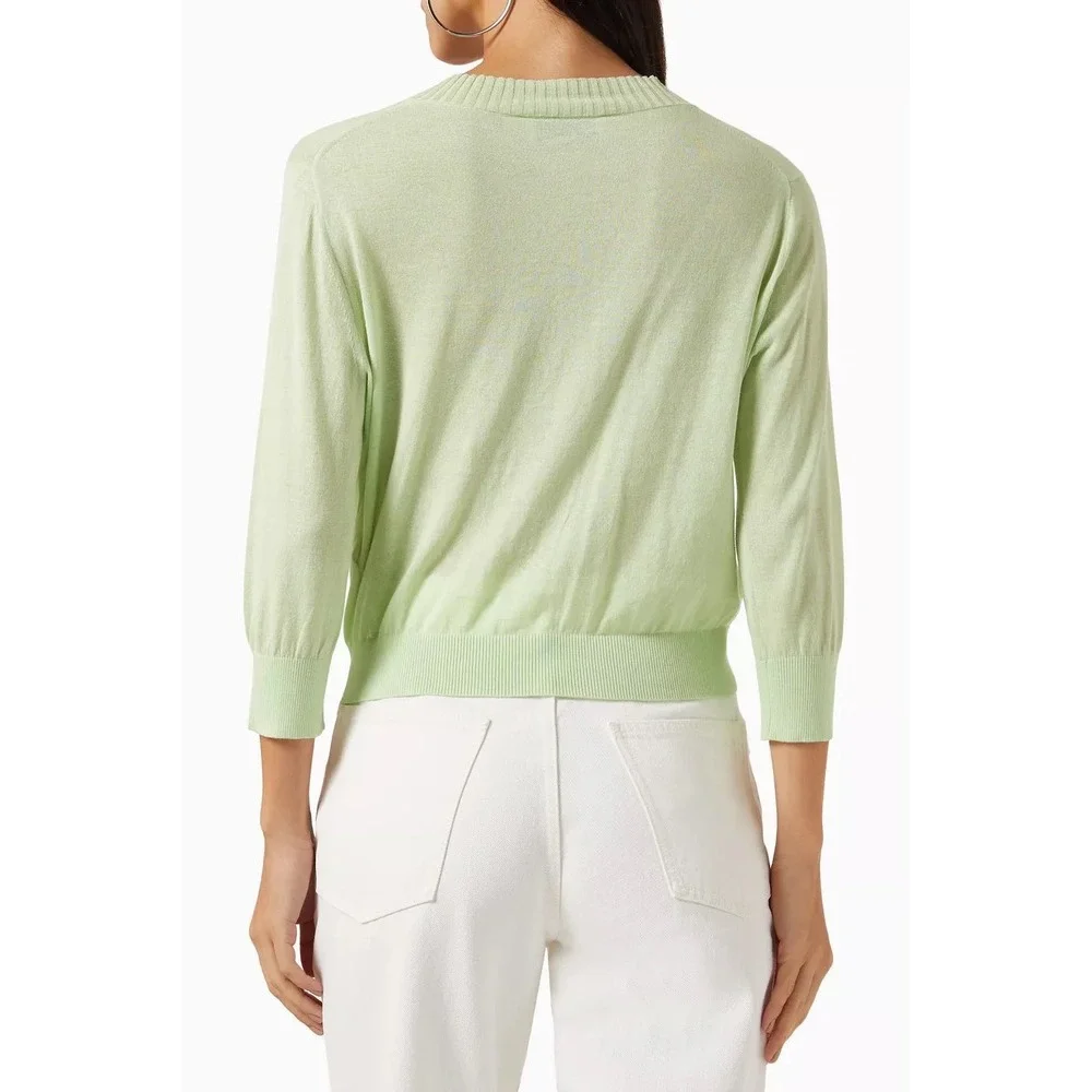 Tory Burch Cardigan Women M Lime Green Cotton Logo Button Cropped Sweater